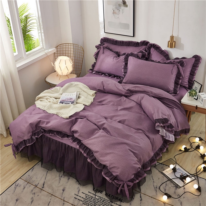 91家纺网 家纺一手货源 找家纺 后庭寝室 2025新款纯色磨毛黑蕾丝四件套-秘密花园 秘密花园-温莎紫