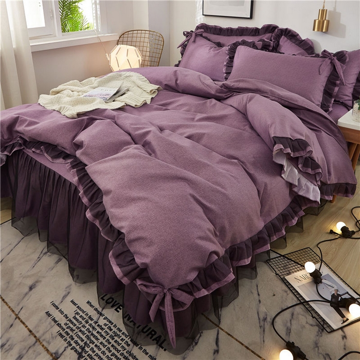 91家纺网 家纺一手货源 找家纺 后庭寝室 2025新款纯色磨毛黑蕾丝四件套-秘密花园 秘密花园-温莎紫