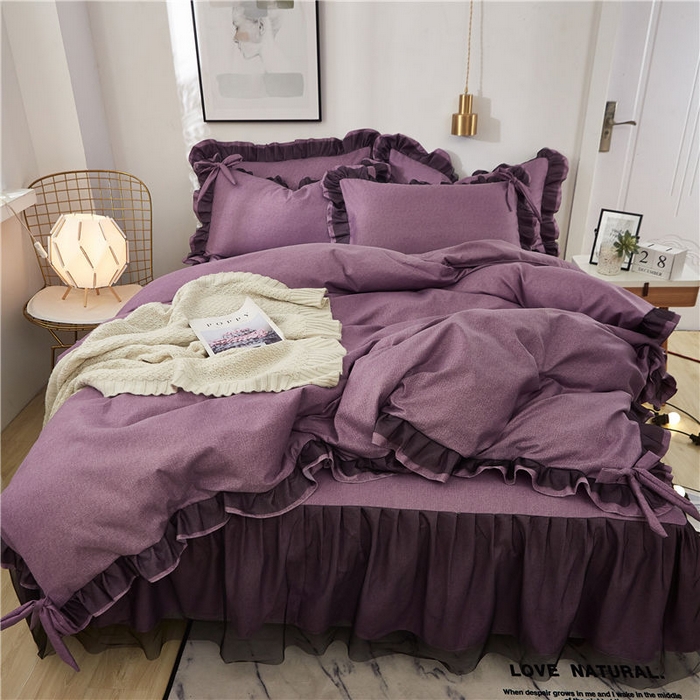 91家纺网 家纺一手货源 找家纺 后庭寝室 2025新款纯色磨毛黑蕾丝四件套-秘密花园 秘密花园-温莎紫