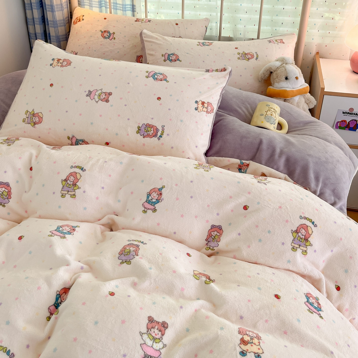 91家纺网 家纺一手货源 找家纺 贝扬思家纺 2025新款软fufu加厚保暖可爱系牛奶绒宿舍床套件系列（小红书推荐）（提供买家秀） 奶糖少女
