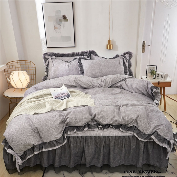 91家纺网 家纺一手货源 找家纺 后庭寝室 2025新款纯色磨毛黑蕾丝四件套-秘密花园 秘密花园-星云灰