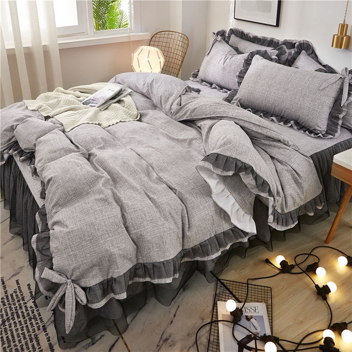 91家纺网 家纺一手货源 找家纺 后庭寝室 2025新款纯色磨毛黑蕾丝四件套-秘密花园 秘密花园-星云灰