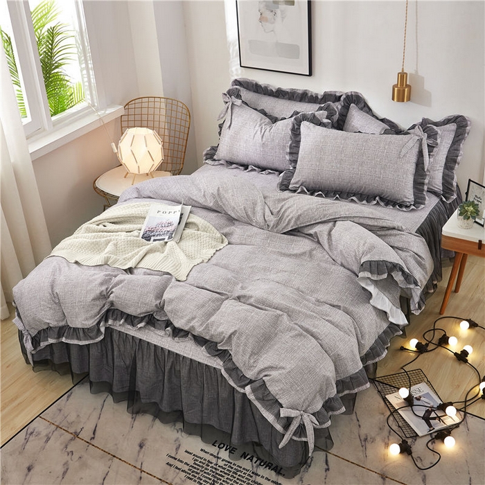 91家纺网 家纺一手货源 找家纺 后庭寝室 2025新款纯色磨毛黑蕾丝四件套-秘密花园 秘密花园-星云灰