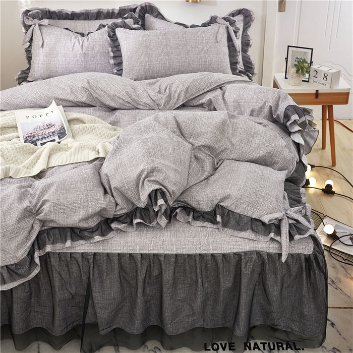 91家纺网 家纺一手货源 找家纺 后庭寝室 2025新款纯色磨毛黑蕾丝四件套-秘密花园 秘密花园-星云灰