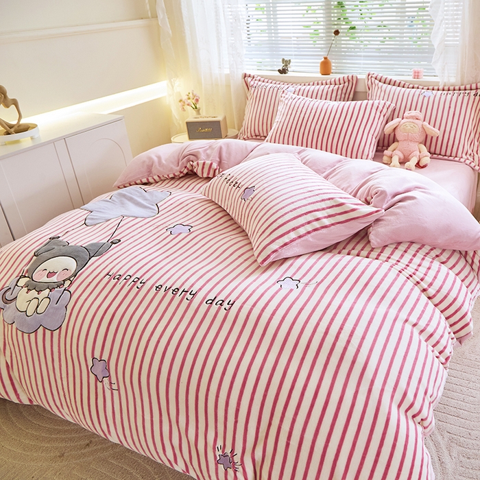 91家纺网 家纺一手货源 找家纺 美洲琳 2025新款卡通牛奶绒高克重四件套 星月小兔-浅粉