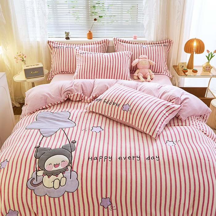 91家纺网 家纺一手货源 找家纺 美洲琳 2025新款卡通牛奶绒高克重四件套 星月小兔-浅粉