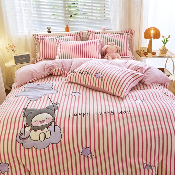 91家纺网 家纺一手货源 找家纺 美洲琳 2025新款卡通牛奶绒高克重四件套 星月小兔-浅粉