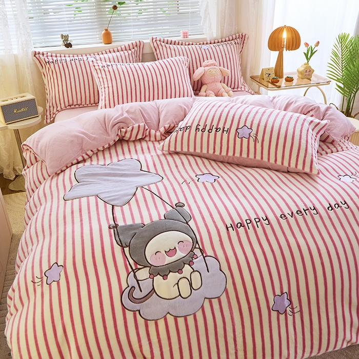 91家纺网 家纺一手货源 找家纺 美洲琳 2025新款卡通牛奶绒高克重四件套 星月小兔-浅粉