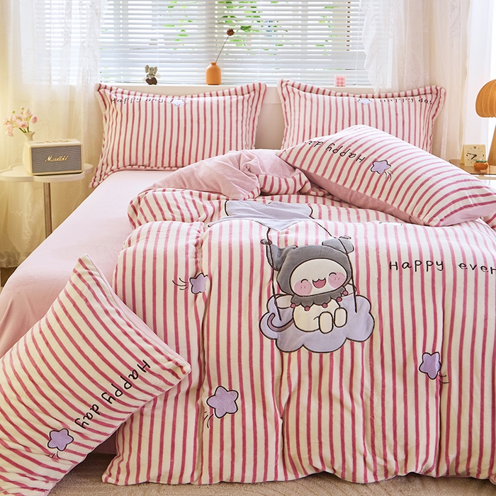 91家纺网 家纺一手货源 找家纺 美洲琳 2025新款卡通牛奶绒高克重四件套 星月小兔-浅粉