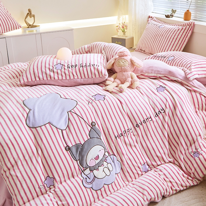 91家纺网 家纺一手货源 找家纺 美洲琳 2025新款卡通牛奶绒高克重四件套 星月小兔-浅粉