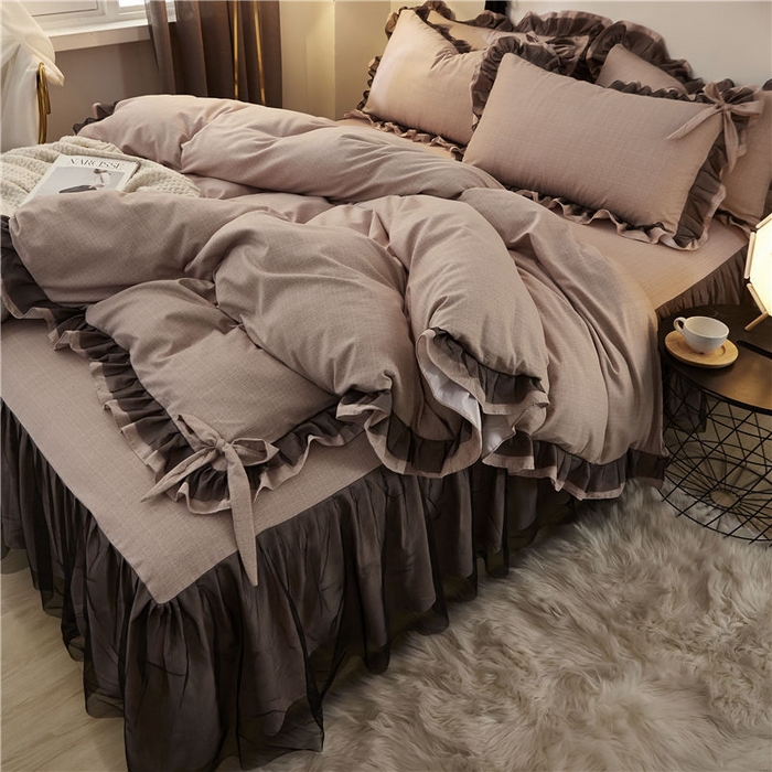 91家纺网 家纺一手货源 找家纺 后庭寝室 2025新款纯色磨毛黑蕾丝四件套-秘密花园 秘密花园-耀沙卡其