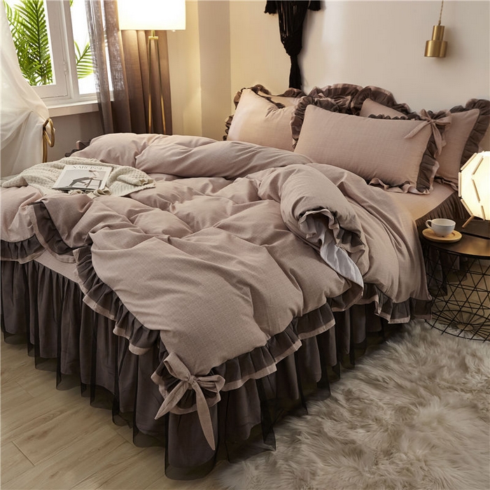 91家纺网 家纺一手货源 找家纺 后庭寝室 2025新款纯色磨毛黑蕾丝四件套-秘密花园 秘密花园-耀沙卡其