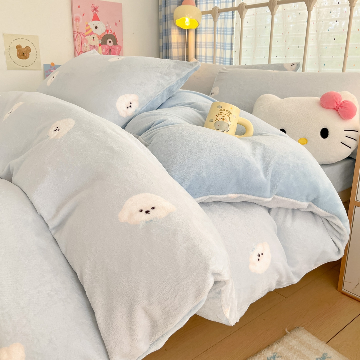 91家纺网 家纺一手货源 找家纺 贝扬思家纺 2025新款软fufu加厚保暖可爱系牛奶绒宿舍床套件系列（小红书推荐）（提供买家秀） 绒绒小狗-蓝