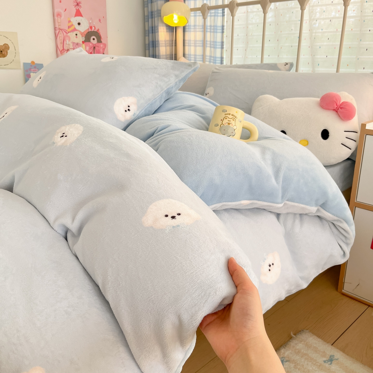 91家纺网 家纺一手货源 找家纺 贝扬思家纺 2025新款软fufu加厚保暖可爱系牛奶绒宿舍床套件系列（小红书推荐）（提供买家秀） 绒绒小狗-蓝