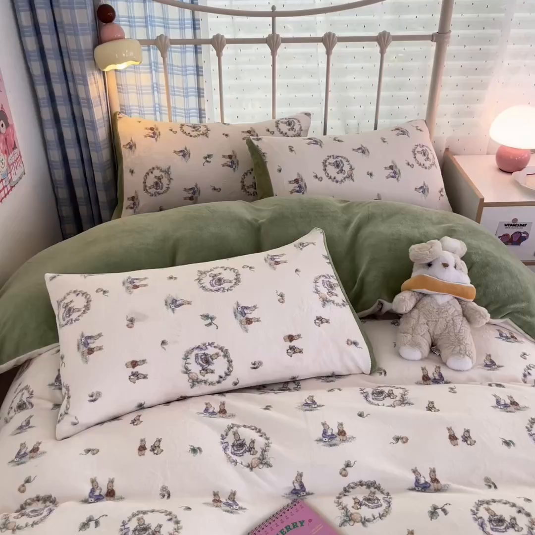 91家纺网 家纺一手货源 找家纺 贝扬思家纺 2025新款软fufu加厚保暖可爱系牛奶绒宿舍床套件系列（小红书推荐）（提供买家秀） 小兔幻境