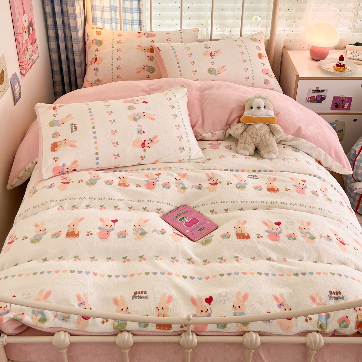 91家纺网 家纺一手货源 找家纺 贝扬思家纺 2025新款软fufu加厚保暖可爱系牛奶绒宿舍床套件系列（小红书推荐）（提供买家秀） 小兔派对