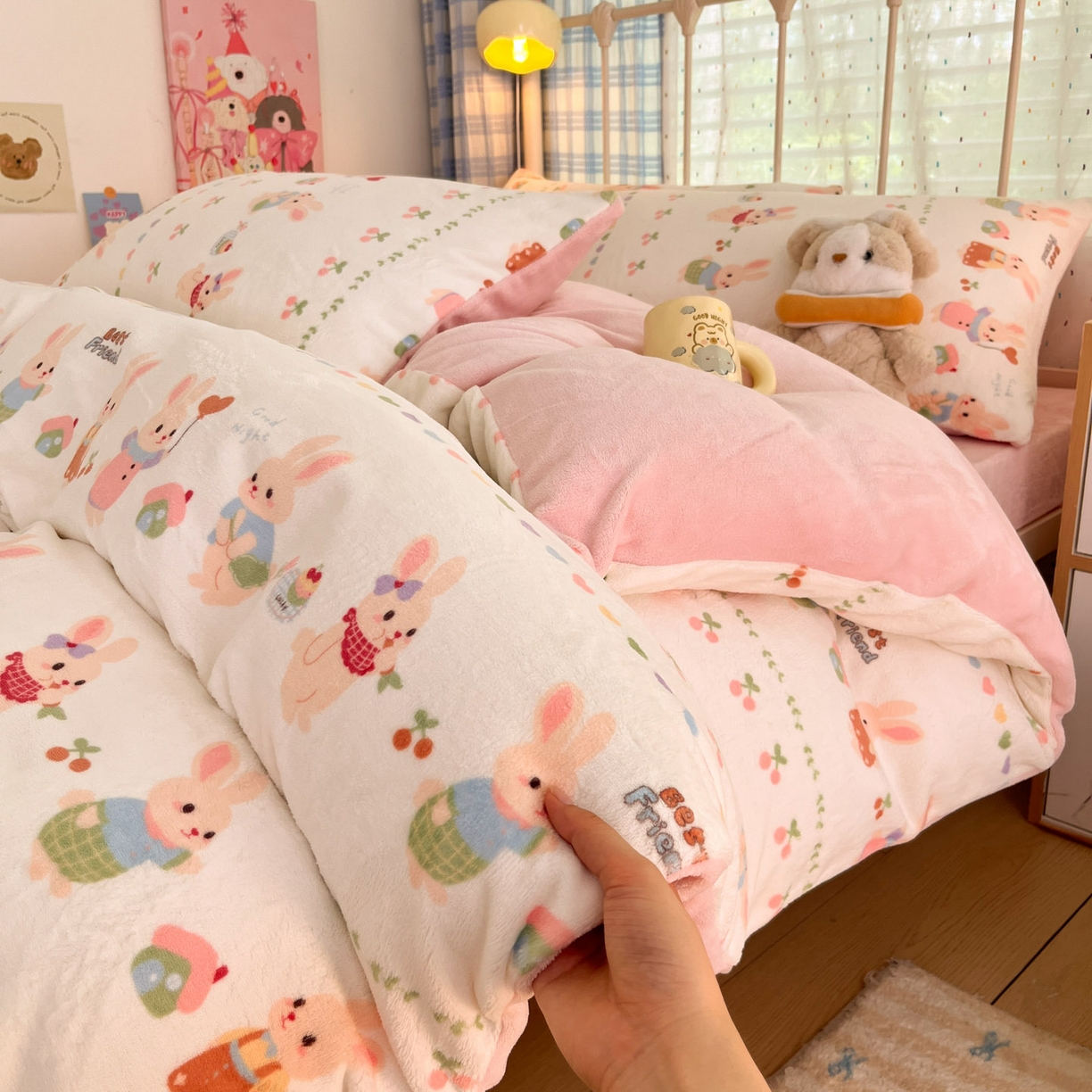 91家纺网 家纺一手货源 找家纺 贝扬思家纺 2025新款软fufu加厚保暖可爱系牛奶绒宿舍床套件系列（小红书推荐）（提供买家秀） 小兔派对