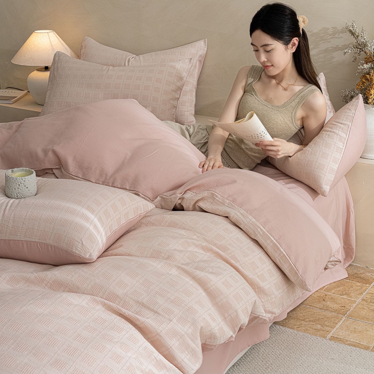 91家纺网 家纺一手货源 找家纺 典曼家纺 2025新款棉麻提花磨毛四件套-禾屿 禾屿-粉