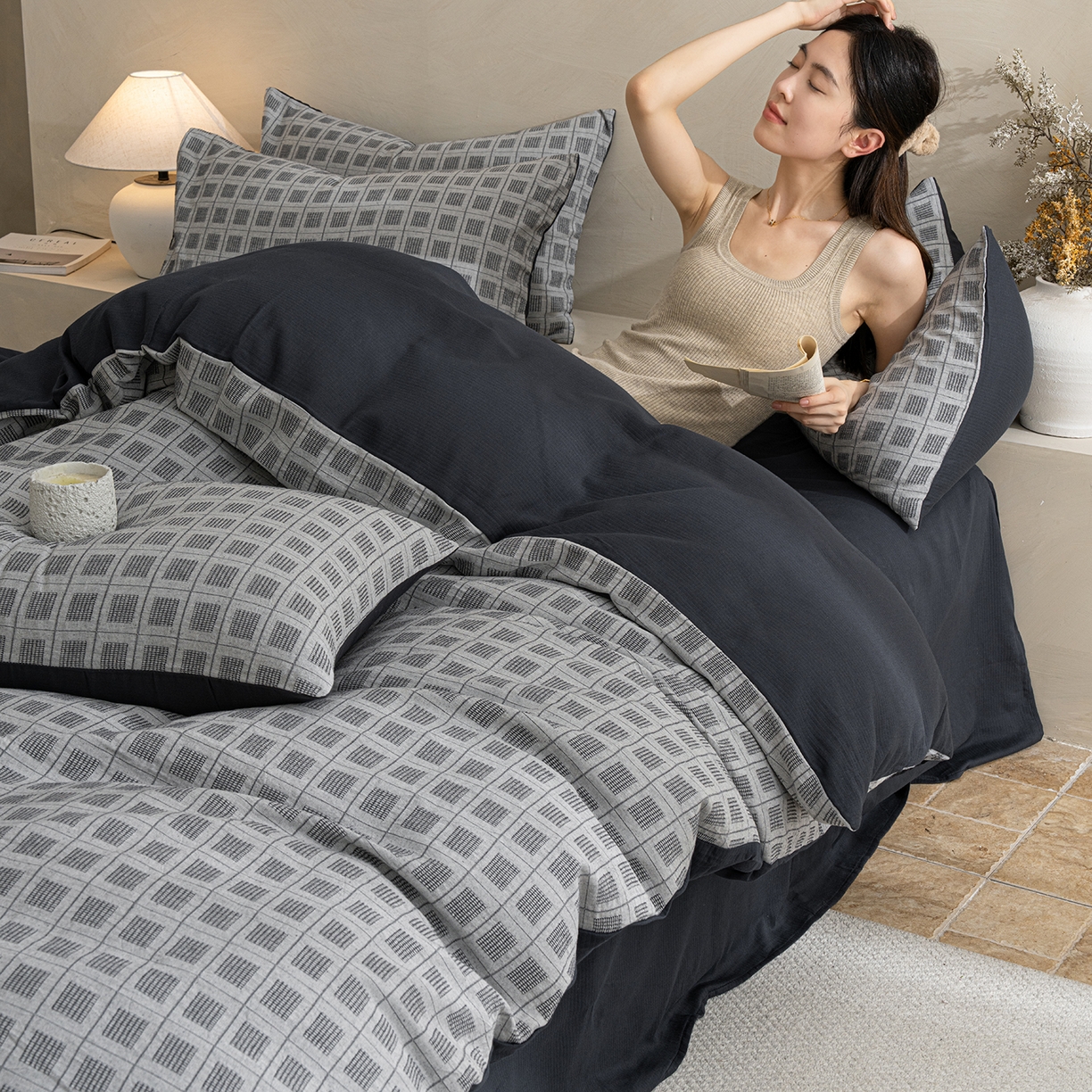 91家纺网 家纺一手货源 找家纺 典曼家纺 2025新款棉麻提花磨毛四件套-禾屿 禾屿-兰