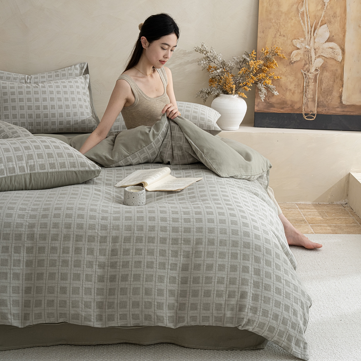 91家纺网 家纺一手货源 找家纺 典曼家纺 2025新款棉麻提花磨毛四件套-禾屿 禾屿-绿