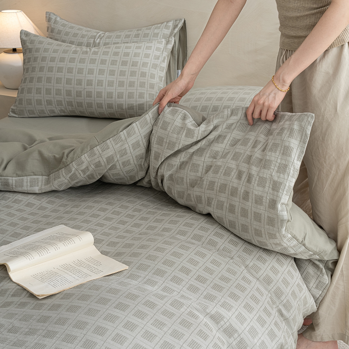 91家纺网 家纺一手货源 找家纺 典曼家纺 2025新款棉麻提花磨毛四件套-禾屿 禾屿-绿