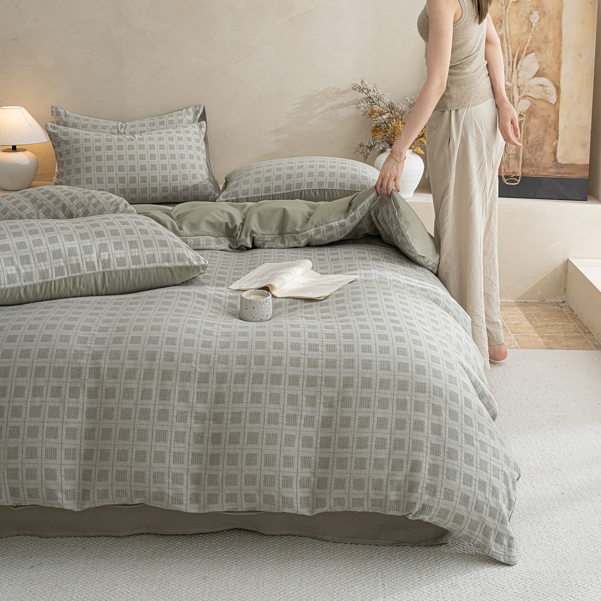 91家纺网 家纺一手货源 找家纺 典曼家纺 2025新款棉麻提花磨毛四件套-禾屿 禾屿-绿