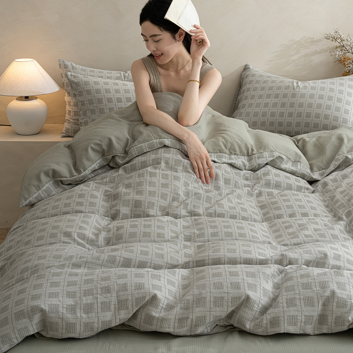 91家纺网 家纺一手货源 找家纺 典曼家纺 2025新款棉麻提花磨毛四件套-禾屿 禾屿-绿