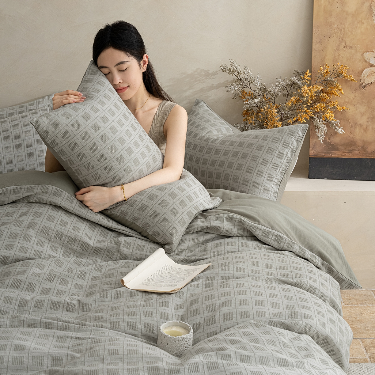 91家纺网 家纺一手货源 找家纺 典曼家纺 2025新款棉麻提花磨毛四件套-禾屿 禾屿-绿