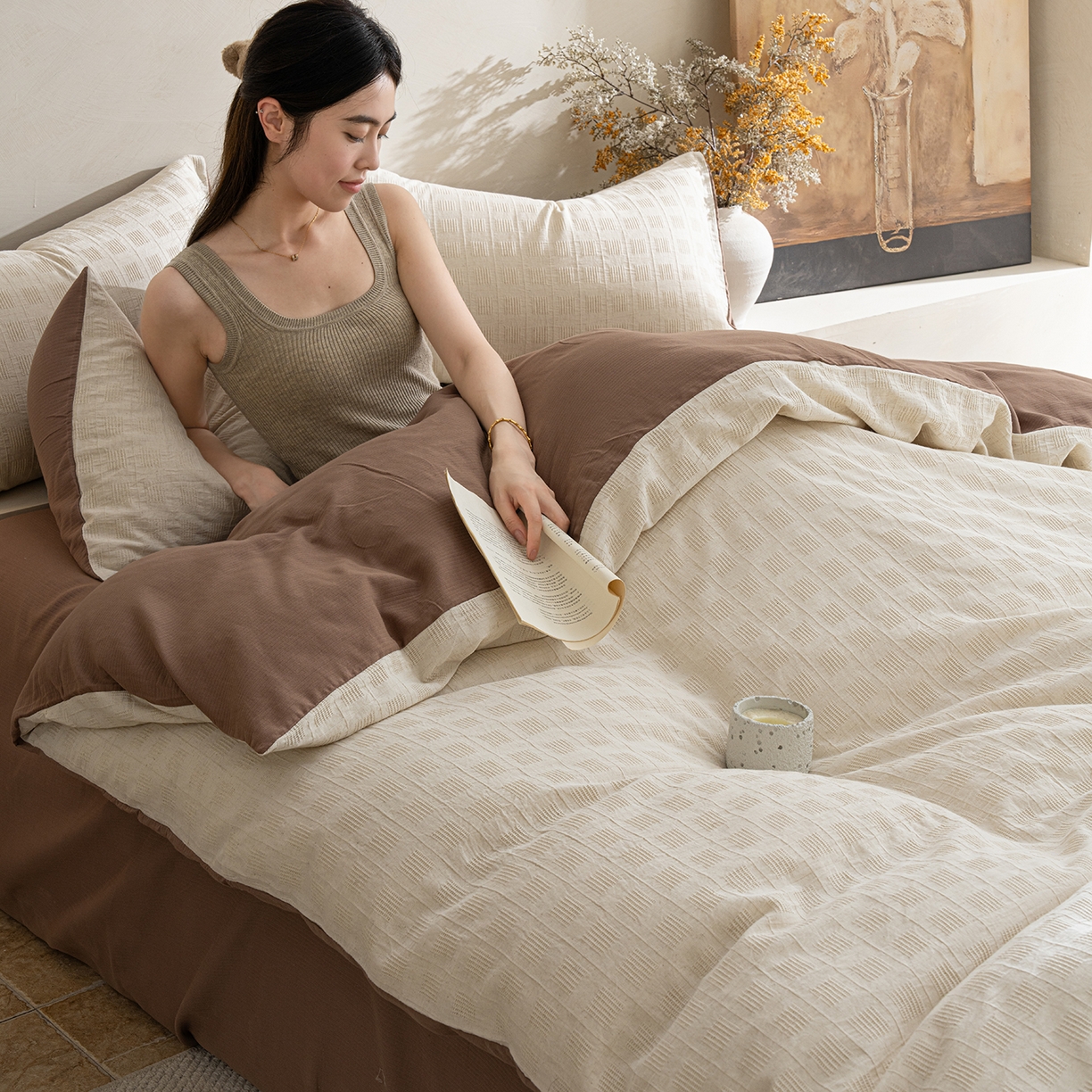 91家纺网 家纺一手货源 找家纺 典曼家纺 2025新款棉麻提花磨毛四件套-禾屿 禾屿-米