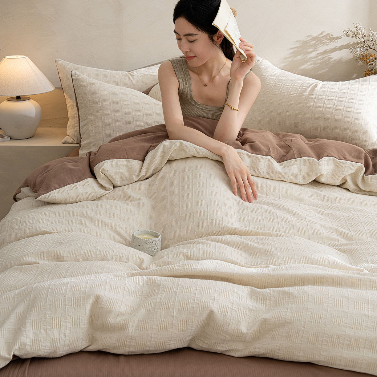 91家纺网 家纺一手货源 找家纺 典曼家纺 2025新款棉麻提花磨毛四件套-禾屿 禾屿-米