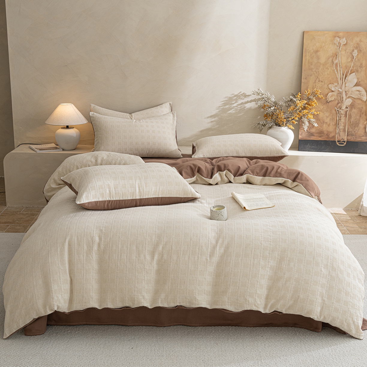 91家纺网 家纺一手货源 找家纺 典曼家纺 2025新款棉麻提花磨毛四件套-禾屿 禾屿-米