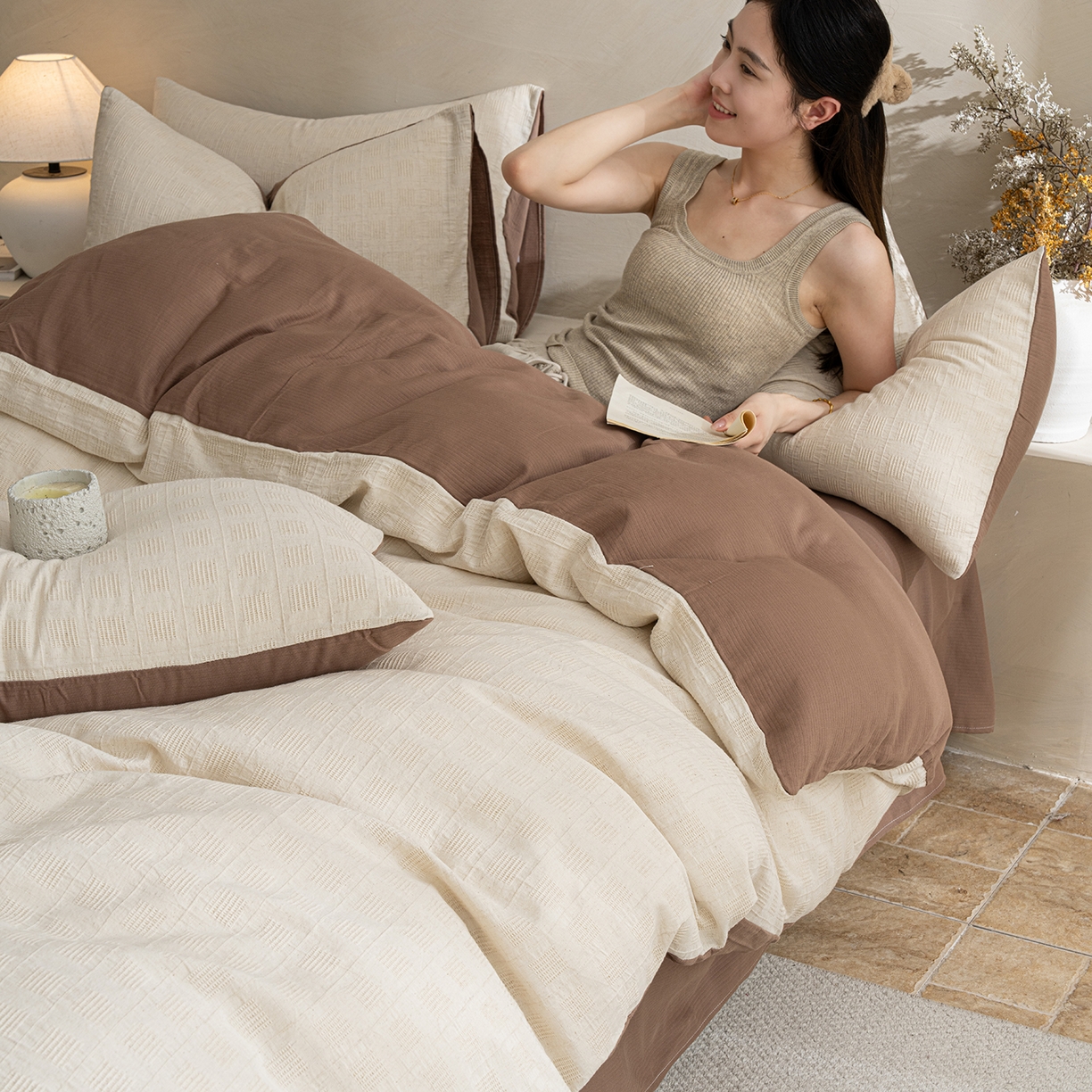 91家纺网 家纺一手货源 找家纺 典曼家纺 2025新款棉麻提花磨毛四件套-禾屿 禾屿-米