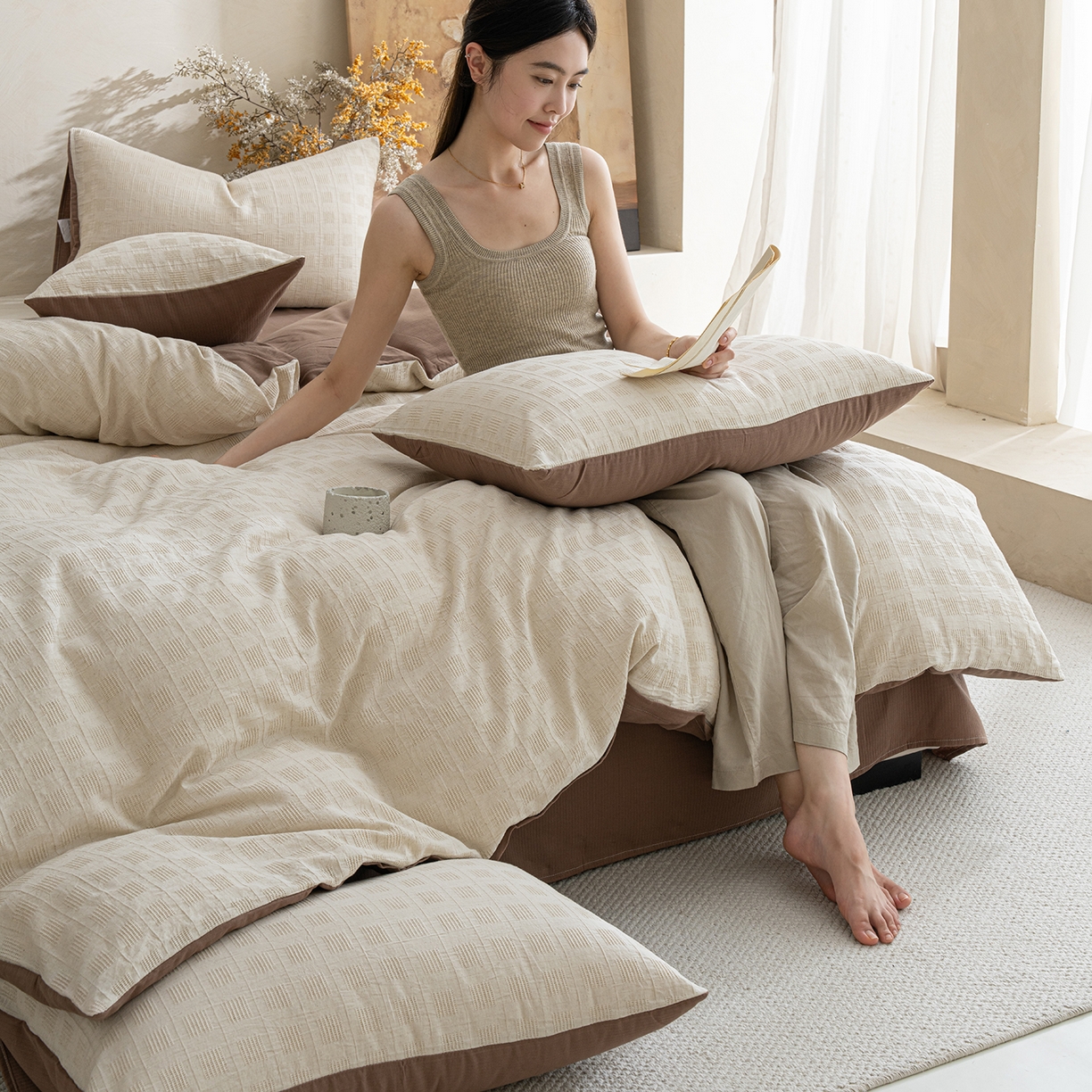 91家纺网 家纺一手货源 找家纺 典曼家纺 2025新款棉麻提花磨毛四件套-禾屿 禾屿-米