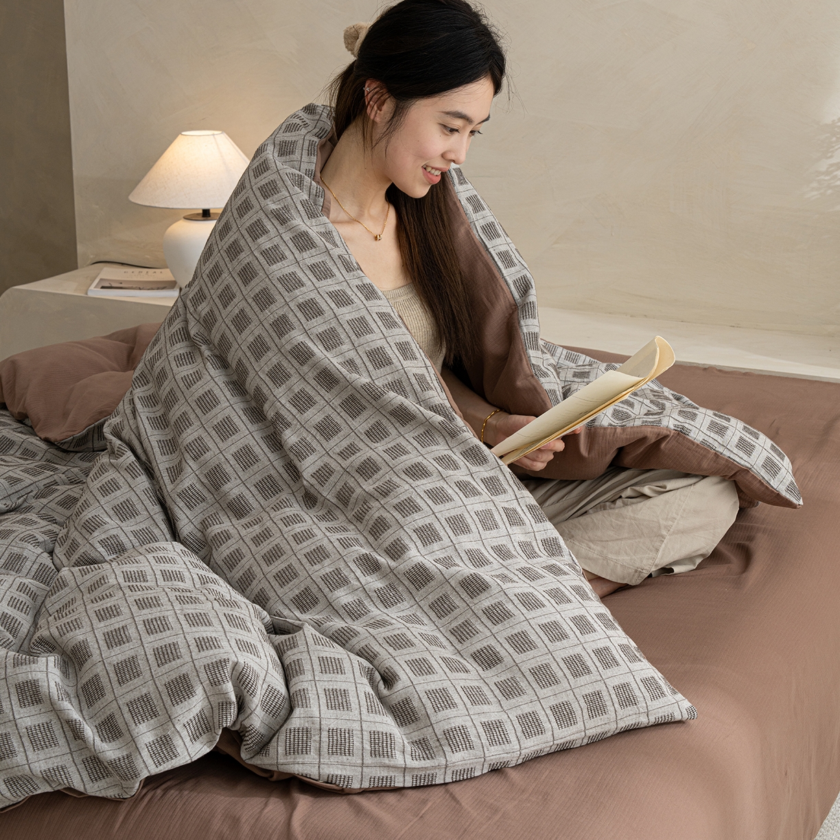 91家纺网 家纺一手货源 找家纺 典曼家纺 2025新款棉麻提花磨毛四件套-禾屿 禾屿-棕