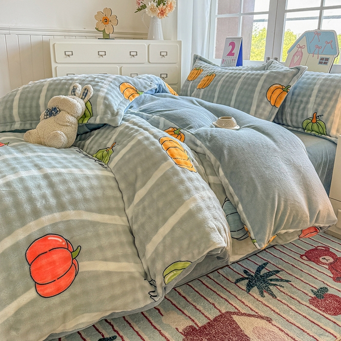 91家纺网 家纺一手货源 找家纺 家贝爱 2025新款加厚牛奶绒泡泡兔毛绒四件套 泡泡绒-南瓜