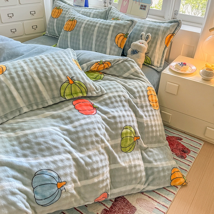 91家纺网 家纺一手货源 找家纺 家贝爱 2025新款加厚牛奶绒泡泡兔毛绒四件套 泡泡绒-南瓜