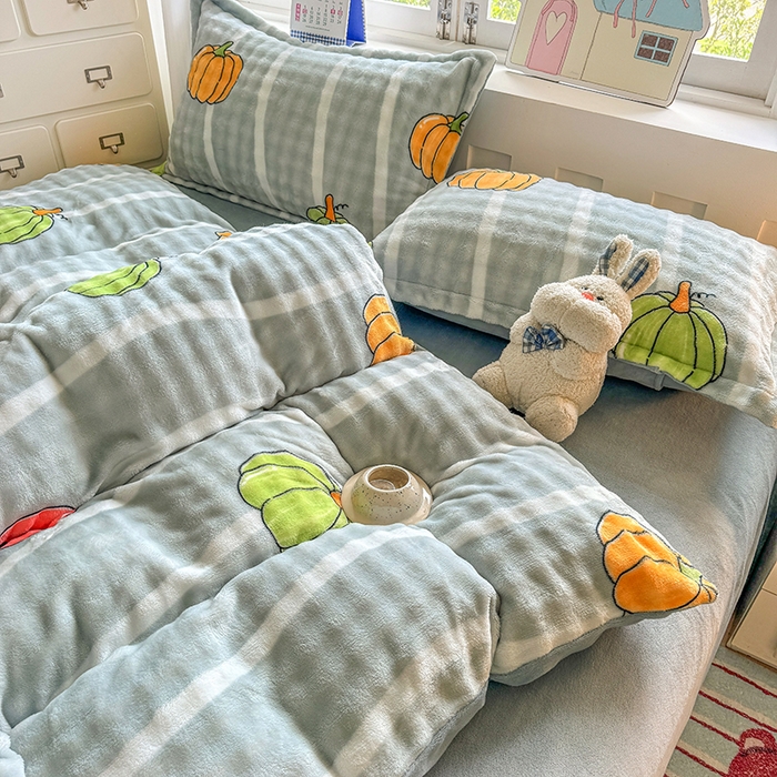 91家纺网 家纺一手货源 找家纺 家贝爱 2025新款加厚牛奶绒泡泡兔毛绒四件套 泡泡绒-南瓜