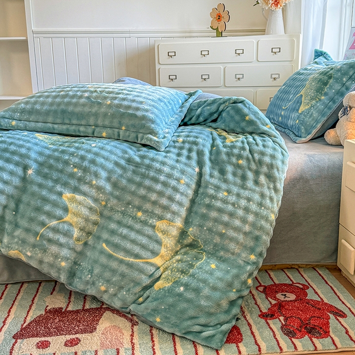 91家纺网 家纺一手货源 找家纺 家贝爱 2025新款加厚牛奶绒泡泡兔毛绒四件套 泡泡绒-银杏叶