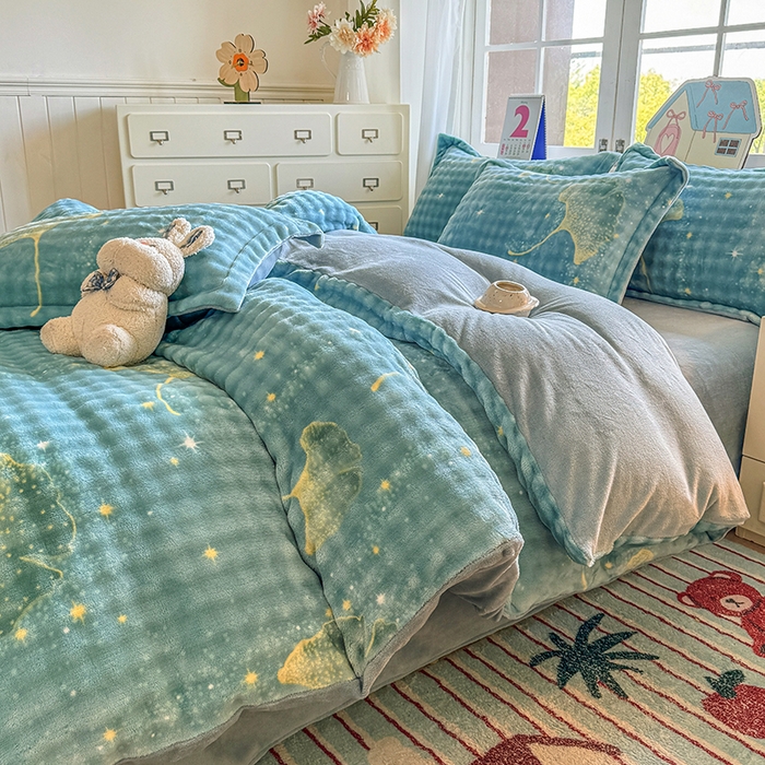 91家纺网 家纺一手货源 找家纺 家贝爱 2025新款加厚牛奶绒泡泡兔毛绒四件套 泡泡绒-银杏叶