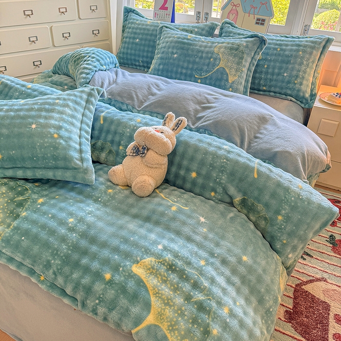 家贝爱 2025新款加厚牛奶绒泡泡兔毛绒四件套 泡泡绒-银杏叶