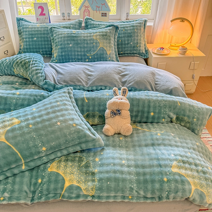 91家纺网 家纺一手货源 找家纺 家贝爱 2025新款加厚牛奶绒泡泡兔毛绒四件套 泡泡绒-银杏叶