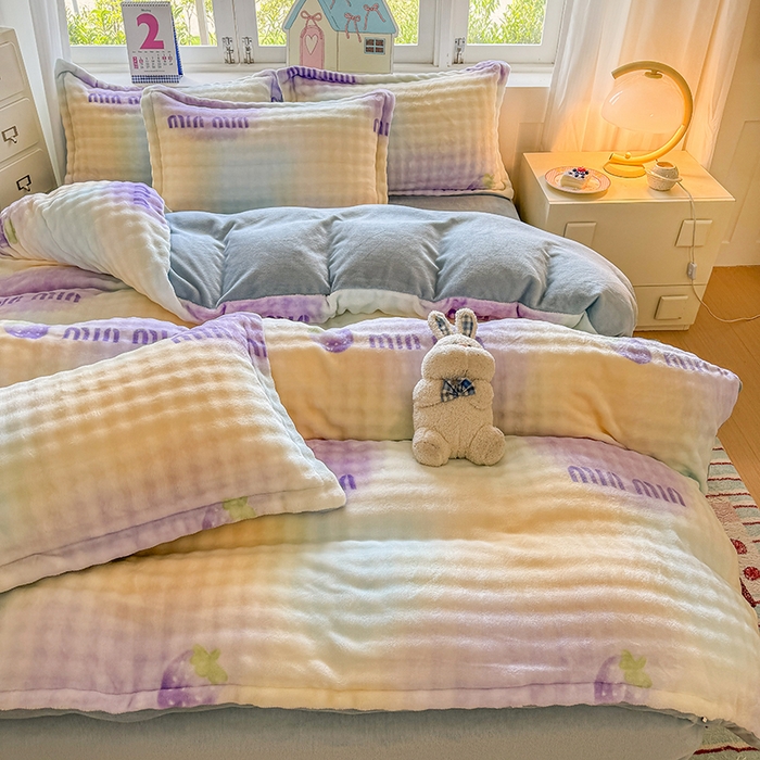 91家纺网 家纺一手货源 找家纺 家贝爱 2025新款加厚牛奶绒泡泡兔毛绒四件套 泡泡绒-幻彩