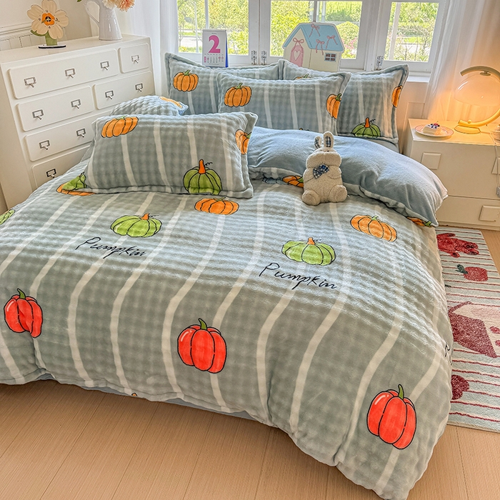 91家纺网 家纺一手货源 找家纺 家贝爱 2025新款加厚牛奶绒泡泡兔毛绒四件套 泡泡绒-南瓜