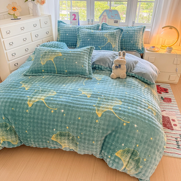 91家纺网 家纺一手货源 找家纺 家贝爱 2025新款加厚牛奶绒泡泡兔毛绒四件套 泡泡绒-银杏叶