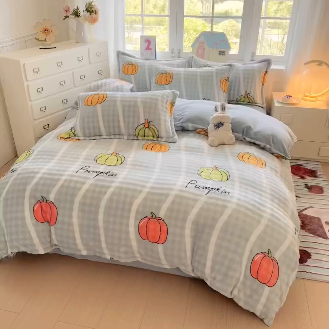 91家纺网 家纺一手货源 找家纺 家贝爱 2025新款加厚牛奶绒泡泡兔毛绒四件套 泡泡绒-南瓜