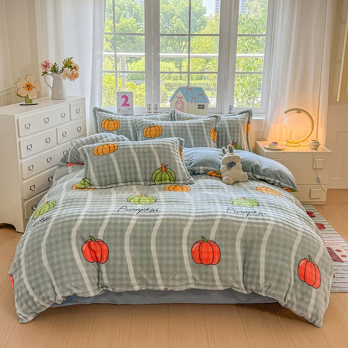 91家纺网 家纺一手货源 找家纺 家贝爱 2025新款加厚牛奶绒泡泡兔毛绒四件套 泡泡绒-南瓜