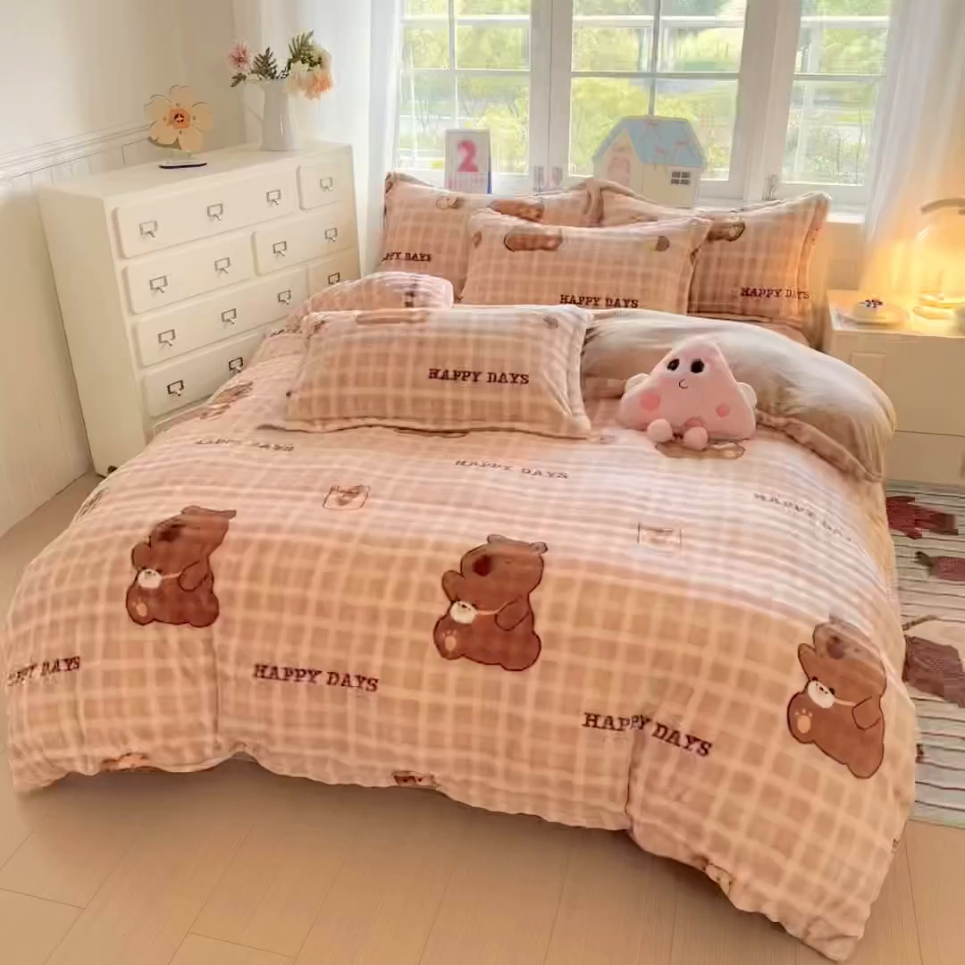 91家纺网 家纺一手货源 找家纺 家贝爱 2025新款加厚牛奶绒泡泡兔毛绒四件套 泡泡绒-萌宠