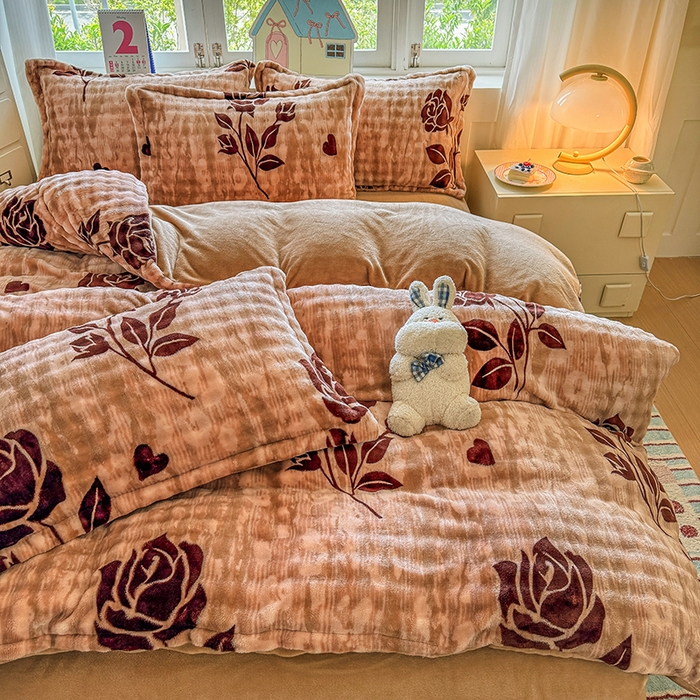 91家纺网 家纺一手货源 找家纺 家贝爱 2025新款加厚牛奶绒泡泡兔毛绒四件套 泡泡绒-慕颜