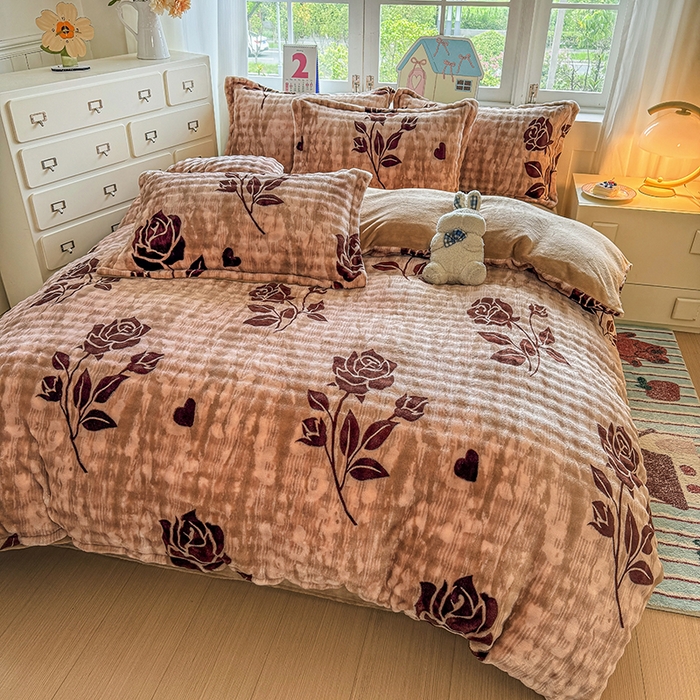 91家纺网 家纺一手货源 找家纺 家贝爱 2025新款加厚牛奶绒泡泡兔毛绒四件套 泡泡绒-慕颜