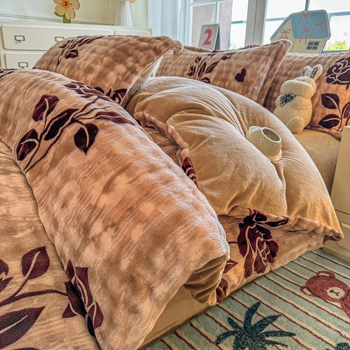 91家纺网 家纺一手货源 找家纺 家贝爱 2025新款加厚牛奶绒泡泡兔毛绒四件套 泡泡绒-慕颜